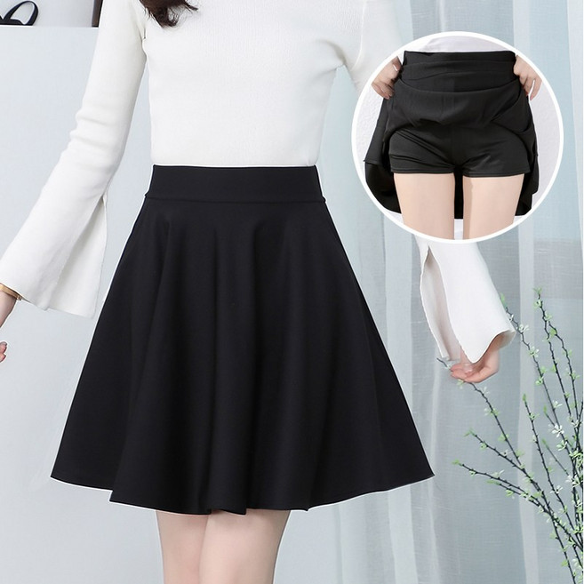 원앤온리 여성 플레어 빅사이즈 속바지 포함 허리 밴딩 스판 치마 블랙