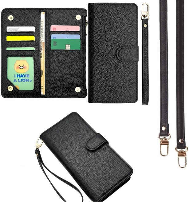 갤럭시M16 케이스 SM-M166 가죽 (트롯타타) 슬림 (지퍼) 월렛 (손목 스트랩 줄 + 심플롱 목걸이) 양면 더블 카드 지폐 수납 포켓 지갑