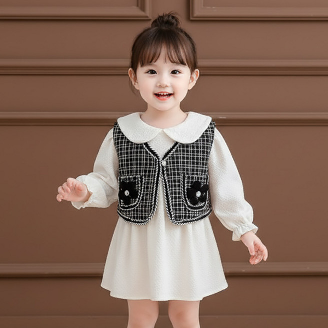 몽실이 플라워장식트위드조끼 원피스 긴팔 가을