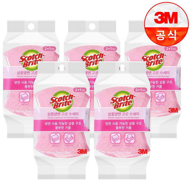 3M 스카치브라이트 삼중양면고운수세미, 3개입, 5개