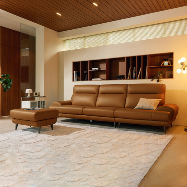 [다우닝] 클로 3.5인 전체 통가죽 소파+스툴, 색상:머드브라운