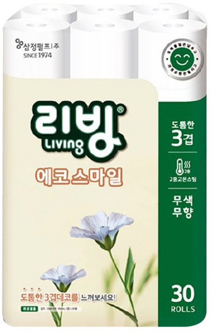 리빙티슈 3겹 에코스마일 롤화장지, 22m, 30개입, 1개