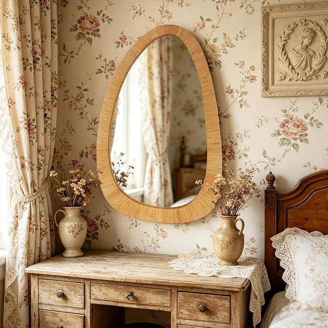 BAODANFU Irregular Rattan Wall Mirrors Decorative 20\"x30\" Asymmetrical Decorative Mirror with Boh, Rattan-1