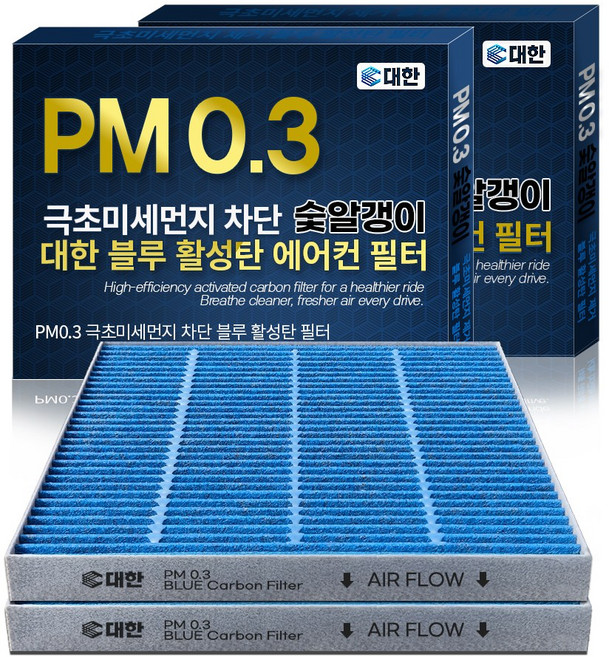 대한카필터 PM0.3 블루 활성탄 자동차 에어컨 필터, 2개, BF100