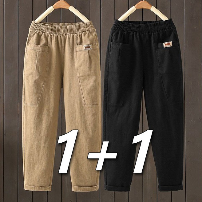 1+1중년엄마옷 춘추 캐주얼 바지 허리밴딩 스판 빅사이즈 여성 편안한 데일리 퉁근룩 배기 바지