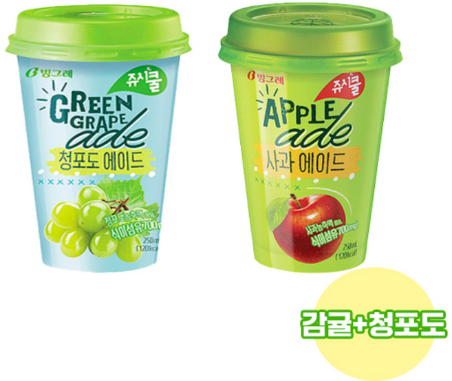 빙그레 쥬시쿨에이드 250ml 청포도에이드 8개+사과에이드 8개 /무배, 8개