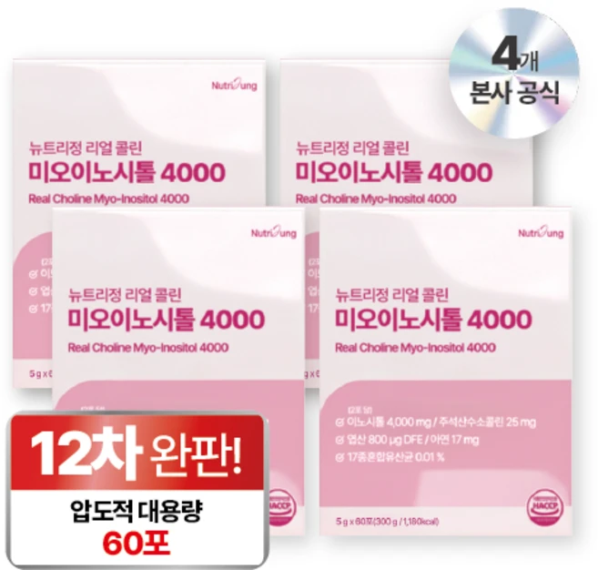 뉴트리정 콜린 미오이노시톨 4000 엽산 대용량 60포, 4박스, 300g - 쿠팡