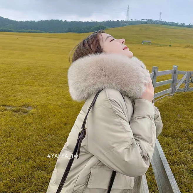 韓國毛領連帽過膝長版羽絨麵包外套