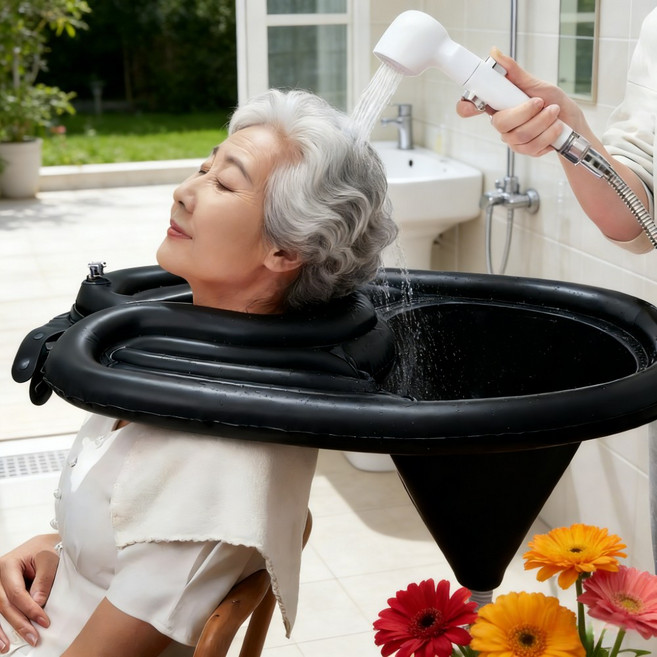 Moon 접이식 에어 세발기 노인 임산부 앉아 머리감기 샴푸대야 풀세트, 1세트, 블랙