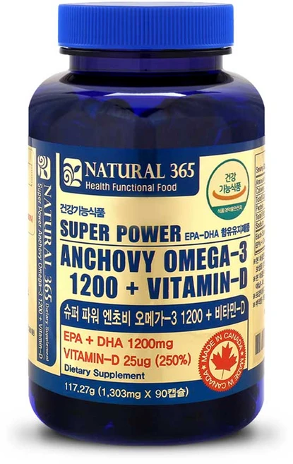내츄럴365 캐나다 슈퍼파워 엔초비 오메가3 1200 비타민D (1병 3개월분), 1개, 90정 - 쿠팡