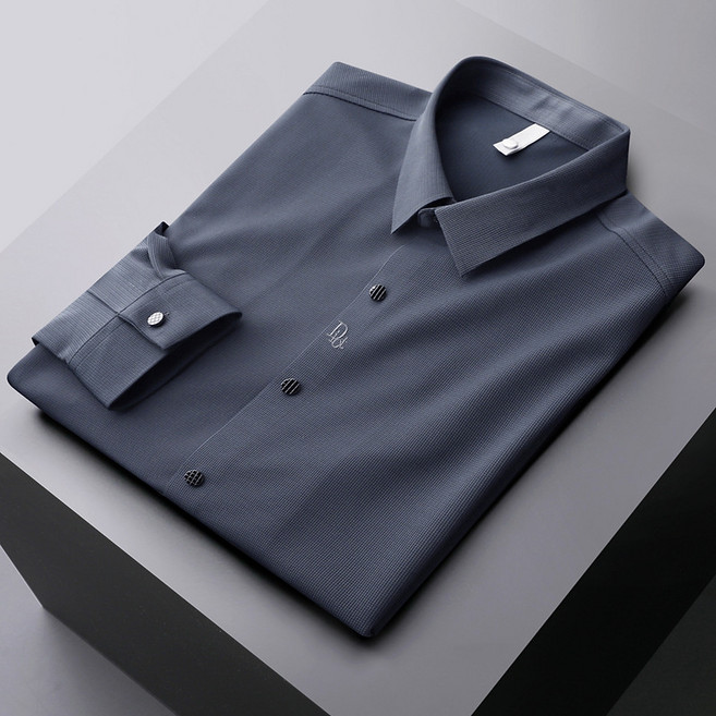 華夫格無痕長袖襯衫男士休閒刺繡寸衫春季2025輕商務免燙襯衣1688