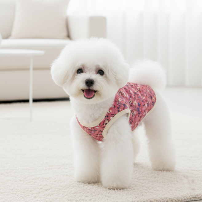 텐투투니 포근포근 강아지 꽃무늬 김장 조끼 하네스, 1개, 핑크