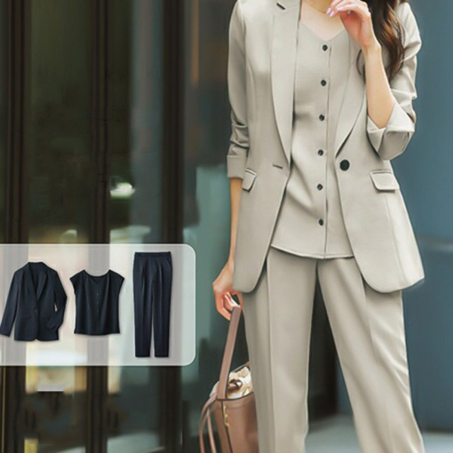FANSYLI 여성 빅사이즈 정장 세트 5XL 하객룩 솔리드 심플 슬림 정장 자켓+조끼+정장바지 3종 세트 봄가을 얇은 캐주얼 통근 세트 면접룩 오피스룩 XR2512D15
