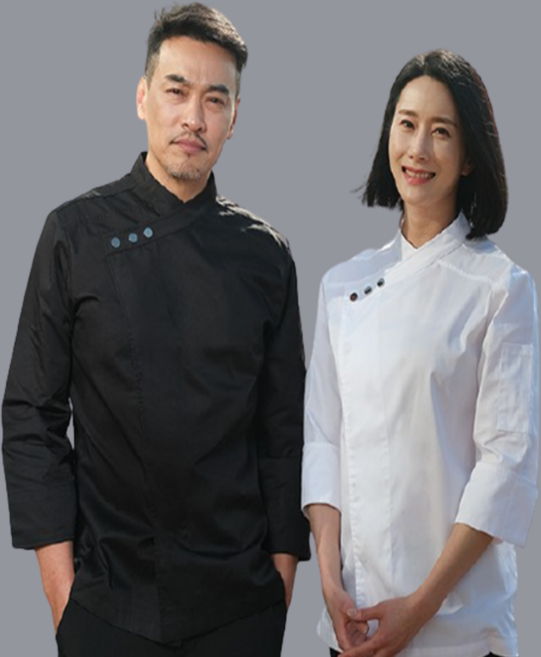 아룸다움가운 블랙 화이트 네이비 크로스넥 버튼 7부 조리복