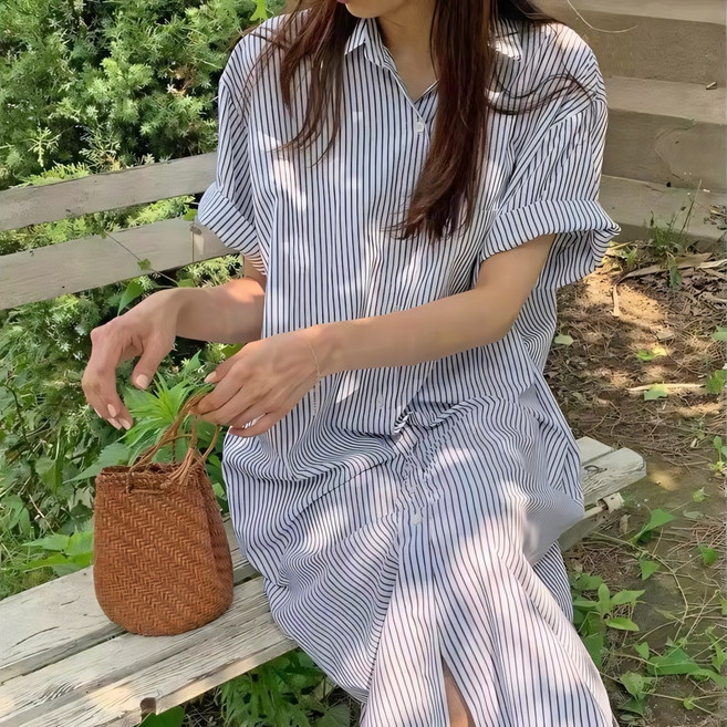 예쁨시전 해변 휴양지 가운 빅사이즈 오버핏 스트라이프 반팔 셔츠 롱 원피스