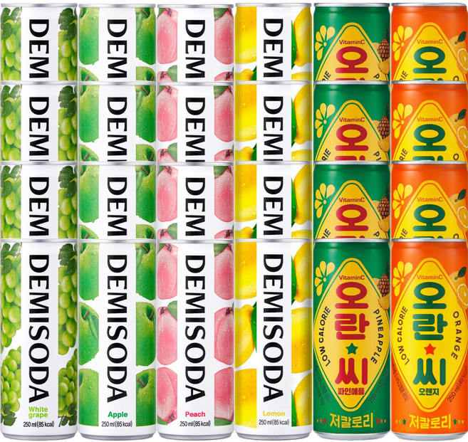 [캔톡톡]데미소다 오란씨 탄산음료 6종 각 4개씩 혼합세트(애플+복숭아+레몬+청포도+오란씨파인애플+오란씨오렌지), 24개, 250ml