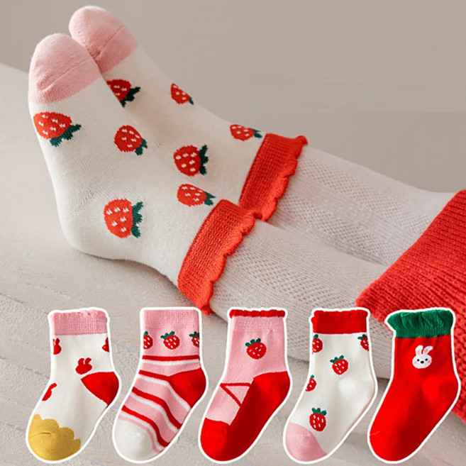 [핀도트]딸기푸딩 면양말 중목 아동양말 4계절 어린이 5족세트 준캡 유아동양말