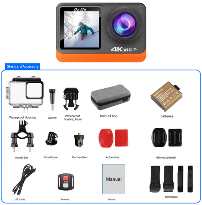 아워라이프 4K60FPS 액션 카메라 2.0 터치 IPS 스크린 24MP Wi-Fi 170D EIS 30M 방수 헬멧 웹캠 4배 줌 옵션 6개 필터, [07] MTR80, China Mainland, With 32G Card