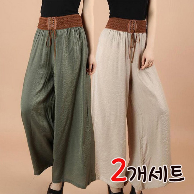1+1 중년여성 와이드 팬츠 여름용 얇은 빅사이즈 치마바지 하이웨스트 캐주얼 9부바지