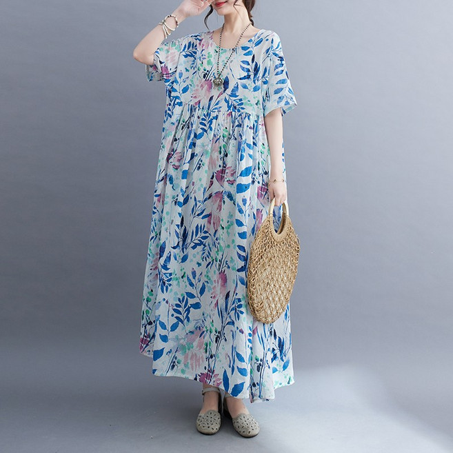 별후이 여성용 여름 빅사이즈 보헤미안 반팔 라운드 프린트 비치 롱 원피스 24E07J