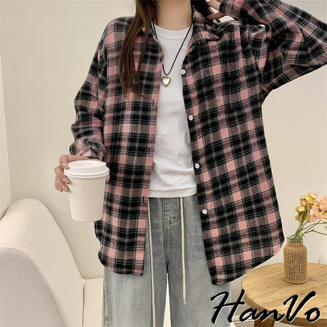 HanVo 格子襯衫 長袖外套 女裝 罩衫 休閒百搭上衣 A07-5012