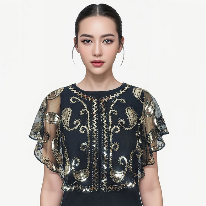 라오농 여성용 여름 케이프 민소매 숏 반팔 스팽글 망사 레이스 자외선 차단 재킷 24A06J