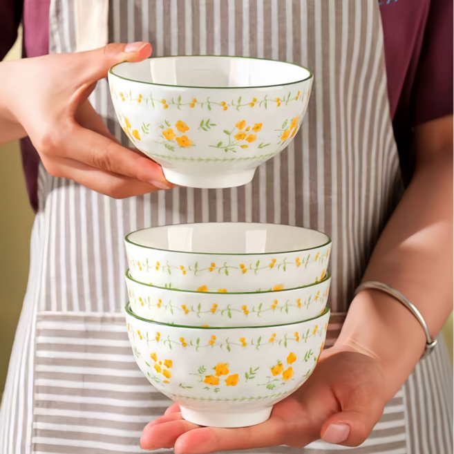 전원풍 연꽃밥공기 가정용 예쁜도자기밥공기세트380ml, 1세트, 밥그릇4p, 녹색