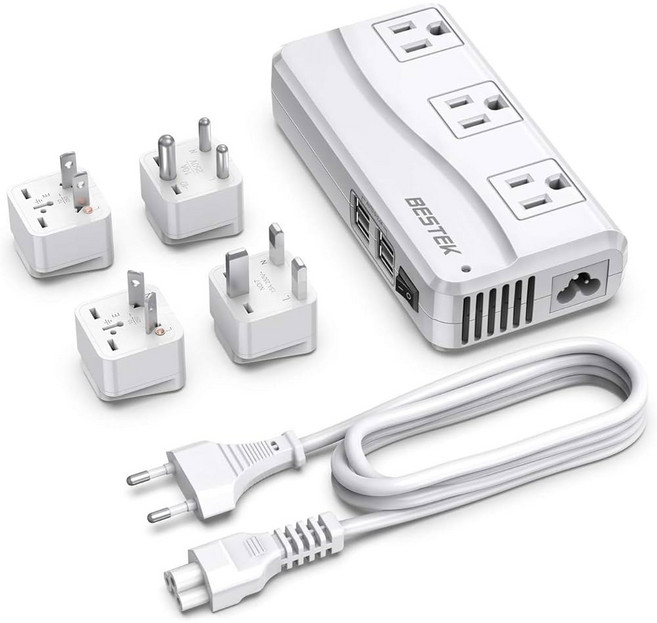 BESTEK 범용 여행용 어댑터 100-220V ~ 110V 전압 변환기 250W(6A 4포트 USB 충전 3AC 소켓 및 EU/영국/AU/미국/인도 전 세계 플러그 어댑터(블랙), 1개