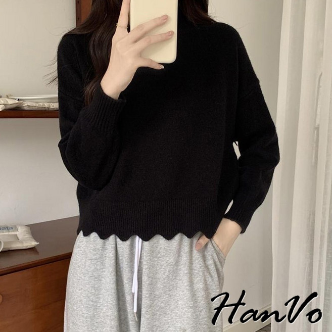 HanVo 波浪半高領顯瘦內搭上衣 親膚柔軟修身針織衫 韓系女裝 A02-1968