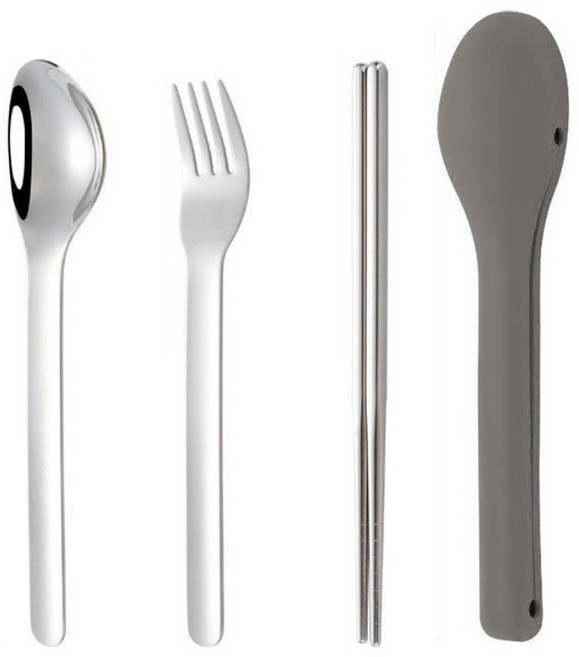 무소음 수저케이스 휴대용 수저 실리콘 캠핑수저 포크 숟가락 젓가락 3종 수저세트 열탕소독가능, 카키그레이, 1개, 숟가락 + 젓가락 + 포크