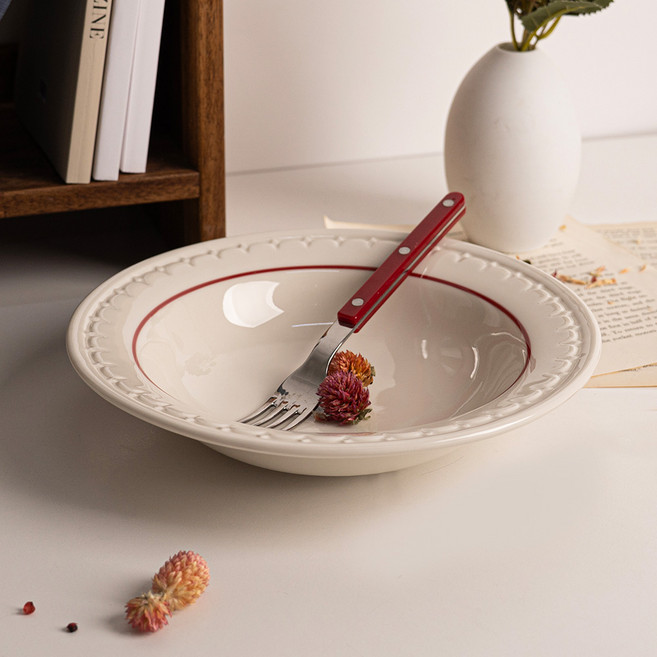 시라쿠스 쉐난고 카디날 레드 화이트 라인 빈티지 샐러드 볼 파스타 그릇, 1개