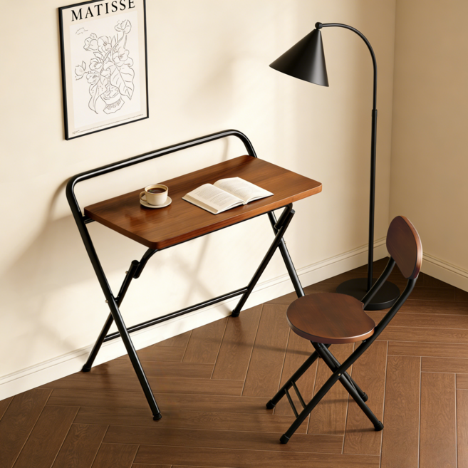 접이식 공부 책상 의자 세트 1인용 사무용 테이블, 갈색