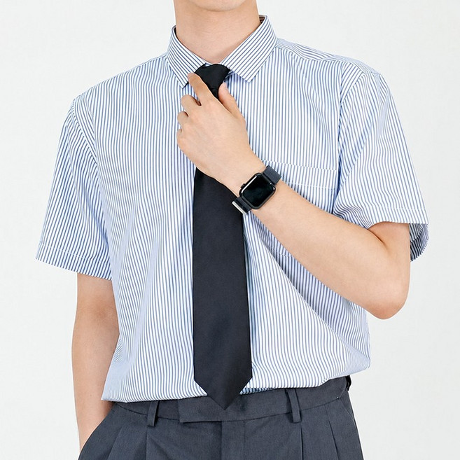 위크무드 시원한 남성용 반팔 구김없는 스트라이프 정장 와이셔츠