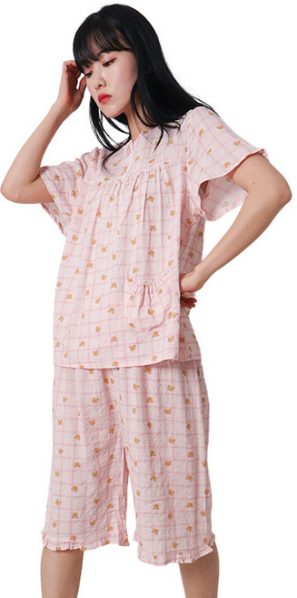 폭스 코튼 엠보 레이스 반팔 잠옷세트 E6 여성용