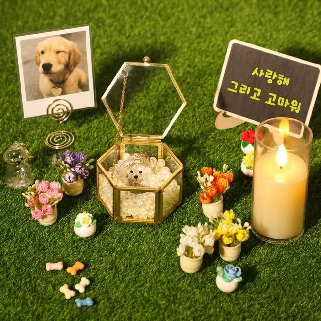 드림베이스 반려견 반려묘 추모 세트 반려동물 메모리얼 용품 미니어처 꽃 화분 액자 보석함, 1세트