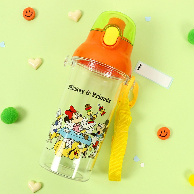 미키 프렌즈 원터치 클리어 보틀 480ml 스트랩 물통 어깨끈 물병 유아 어린이 유치원 어린이집 캐릭터, 1개