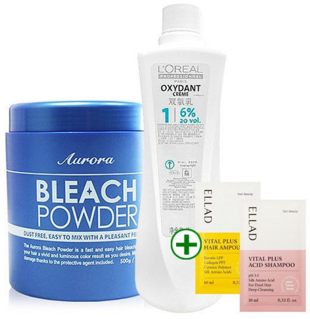 오로라 탈색약 500g + 로레알 6% 산화제 1L 염색약, 오로라 탈색약 500g + 로레알 6% 산화제 1L 염, 1개