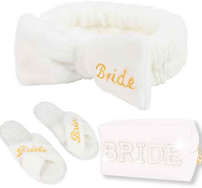CIEHER Bride To Be 선물 세트 - 신부 스파 머리띠 및 슬리퍼 메이크업 가방 처녀 파티 선물 브라이덜 샤워 결혼식을 위한 신부 선물, 1개