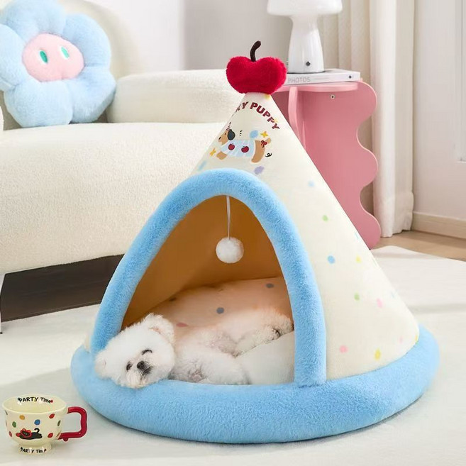강아지 방석 반폐쇄형 텐트 귀여운 애견 집, 1개, 푸른 색