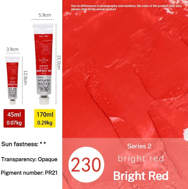 Winsor&Newton 45ML/170ML 초보자를 위한 유화 안료 아크릴 페인트 학생 미술 그림 그리기 내광성 섬세한, 01 45ml, 26 Bright red