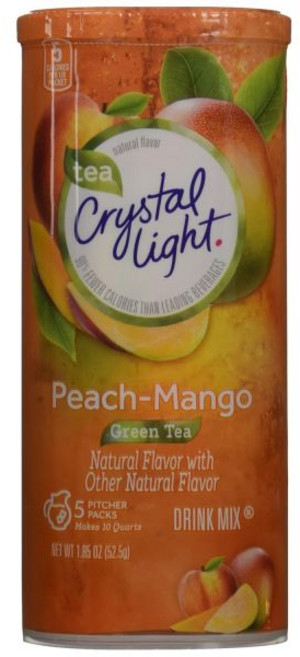 Crystal Light 아이스티 에이드 원액 분말 가루 크리스탈 라이트 시트러스 향미 음료 믹스 카페인 함유 10개 포장 휴대용 파우치, 복숭아 망고, 1.85온스 (6팩)