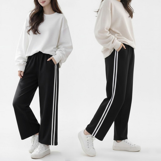 1+1 더클로 여성 두줄 와이드 밴딩팬츠 코튼 8부 트레이닝 바지 데일리 사계절