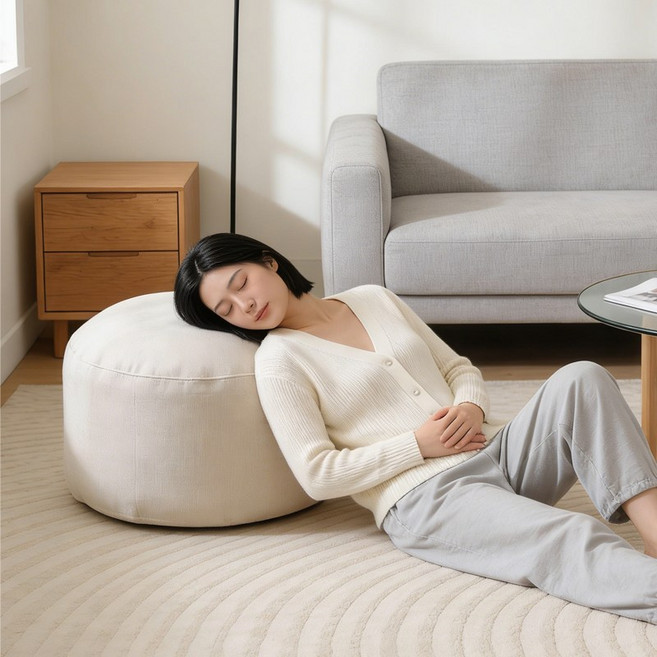 초경량 풋스툴 EPS 충전 원형 패브릭 스툴 발받침 소파 거실 인테리어 빈백 의자 추천, 베이지