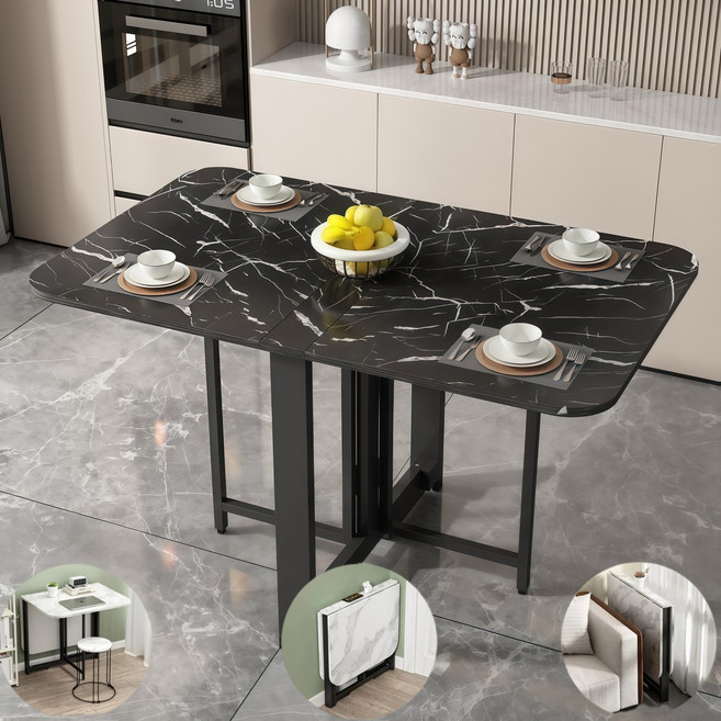 YAPOGI 설치 필요없음 가정용 다기능 확장 가능 대리석 무늬 우드 식탁 모조 세라믹식탁 접이식 식탁, 6인용, 블랙1