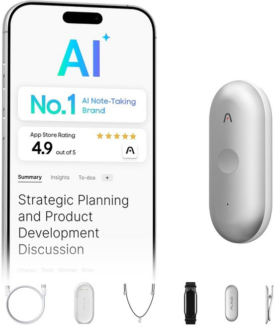 Plaud NotePin S AI 음성 녹음기 웨어러블 노트테이커 전사 및 요약 112개 언어 지원 64GB 메모리 4개 액세서리로 회의 인터뷰용 오디오 녹음기, Silver