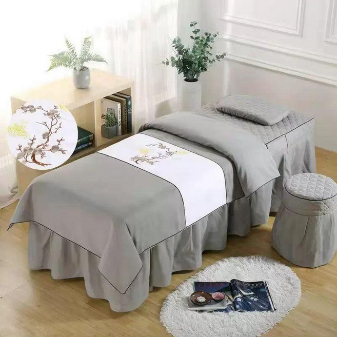 미용침대 커버 스파 베드 마사지 안마의자 시트 경락, 라운드 헤드 80x190cm, 프리미엄 자수 - 그레이, 1개