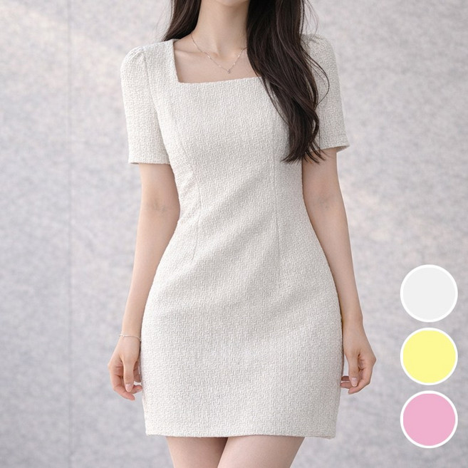 VERIT 스퀘어넥 트위드 반팔 미니 원피스 숏 스커트 짧은 드레스 VT919