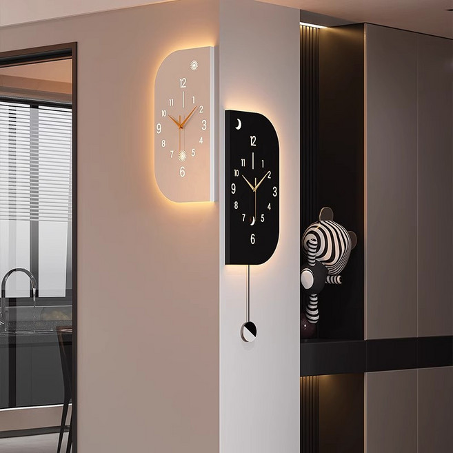 YAPOGI 무소음 모던 심플 양면 벽시계 음성제어등, 흑백LED, 흑백LED