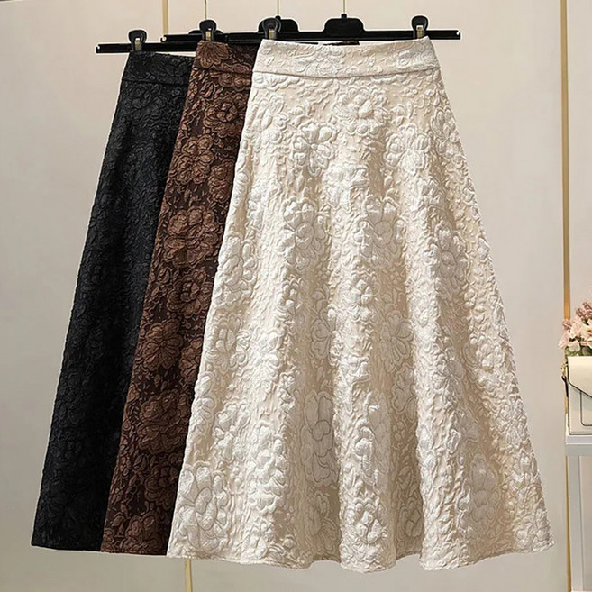 ROYALBELLE 여성 하이웨스트 플라워 자카드 A라인 롱 플레어 데일리 패션 스커트 F0110318