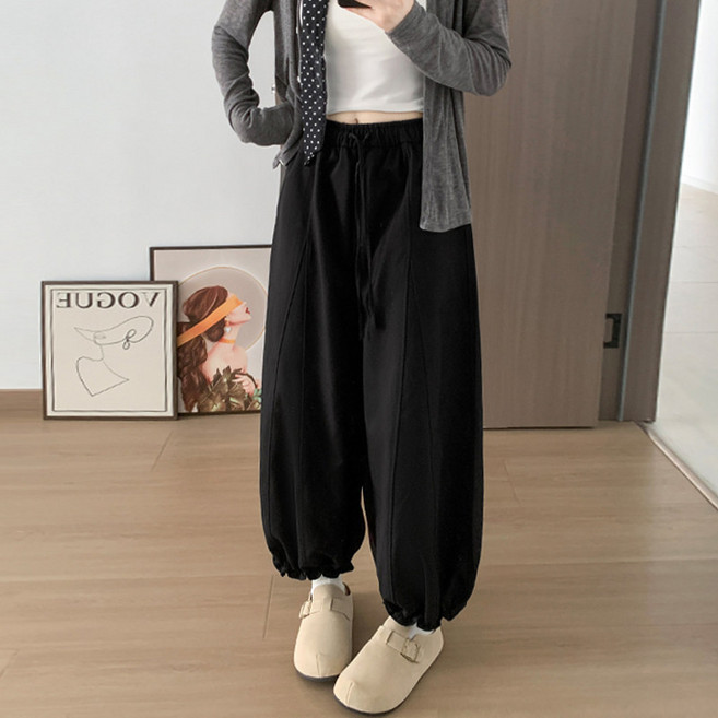 무니유유 데일리 9부 프릴 면 키작녀 와이드 통 밴딩 팬츠